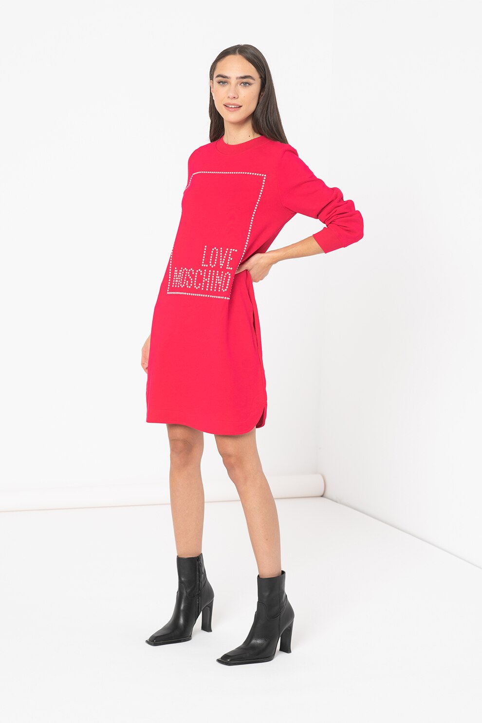 Love Moschino, Rochie midi cu aplicatii cu strasuri, Fucsia