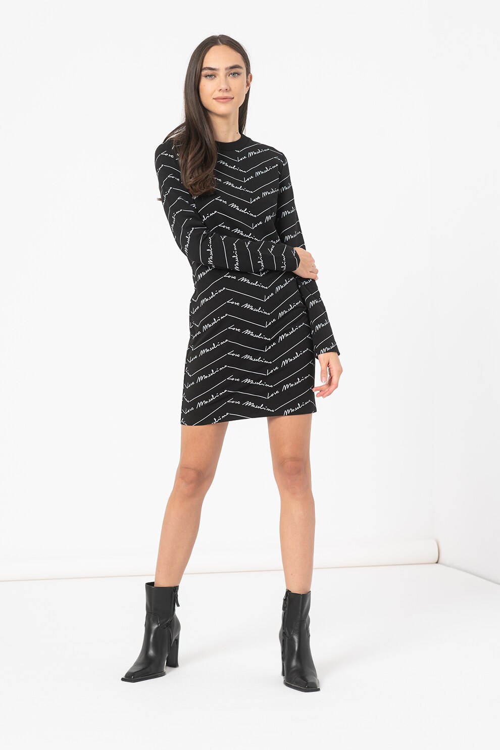 Love Moschino, Rochie scurta cu model logo, Negru/Alb