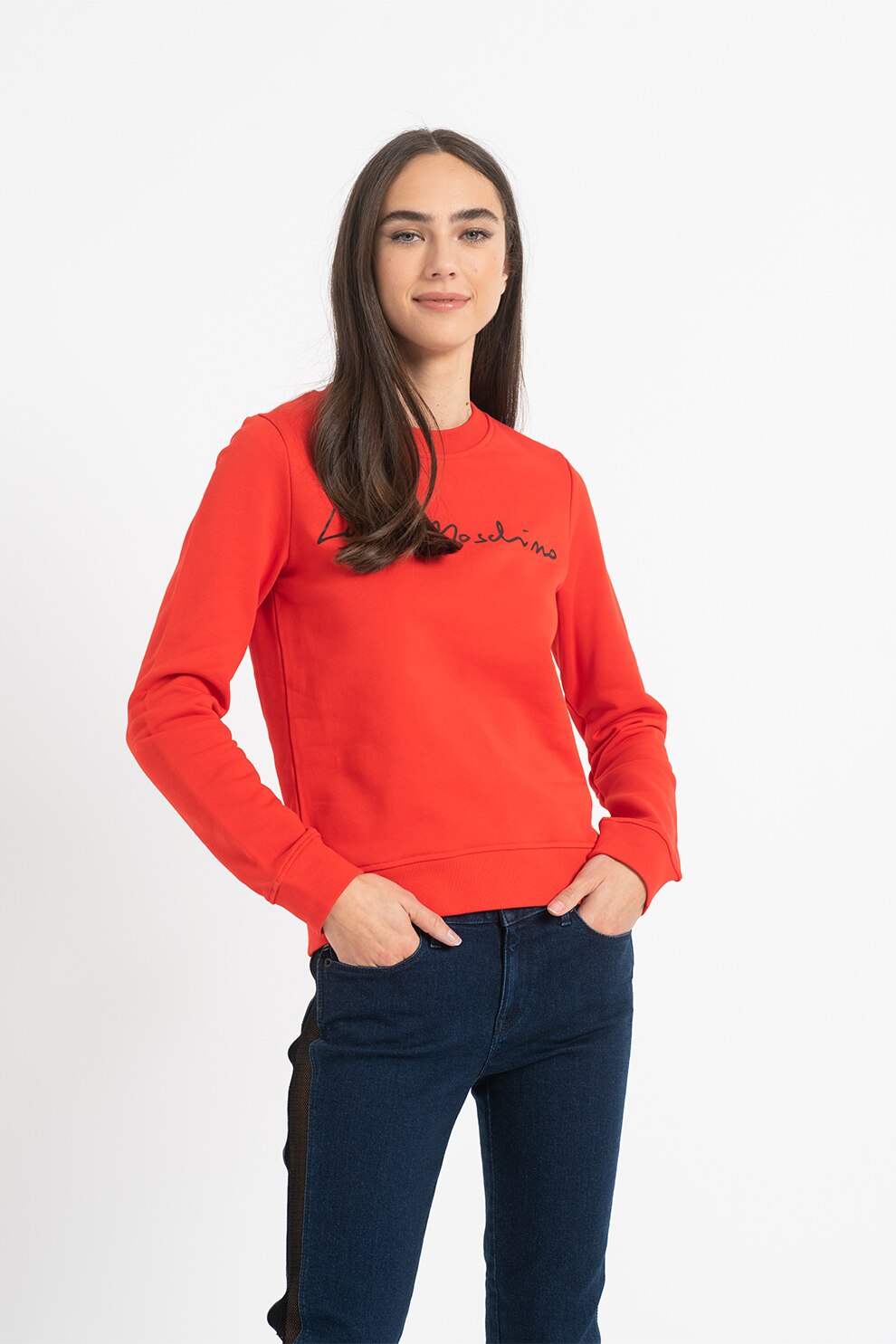 Love Moschino, Bluza sport din bumbac cu imprimeu logo, Rosu/Negru