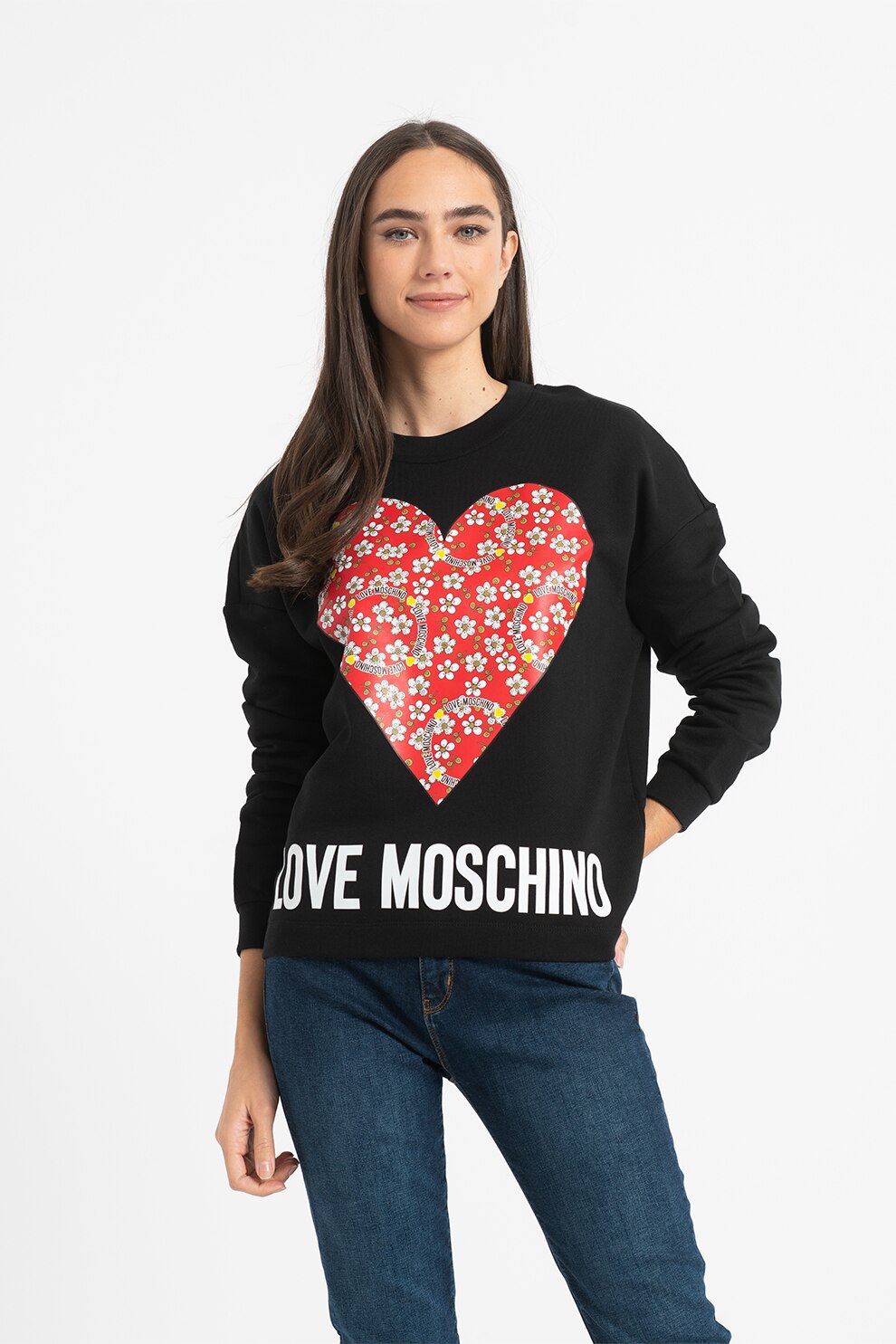 Love Moschino, Bluza sport cu decolteu la baza gatului si maneci cazute, Negru/Rosu/Verde