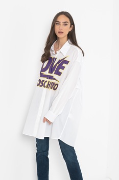 Love Moschino, Camasa supradimensionata cu imprimeu logo, Alb/violet ametist/galben Love Moschino, Camasa supradimensionata cu imprimeu logo, Alb/violet ametist/galben