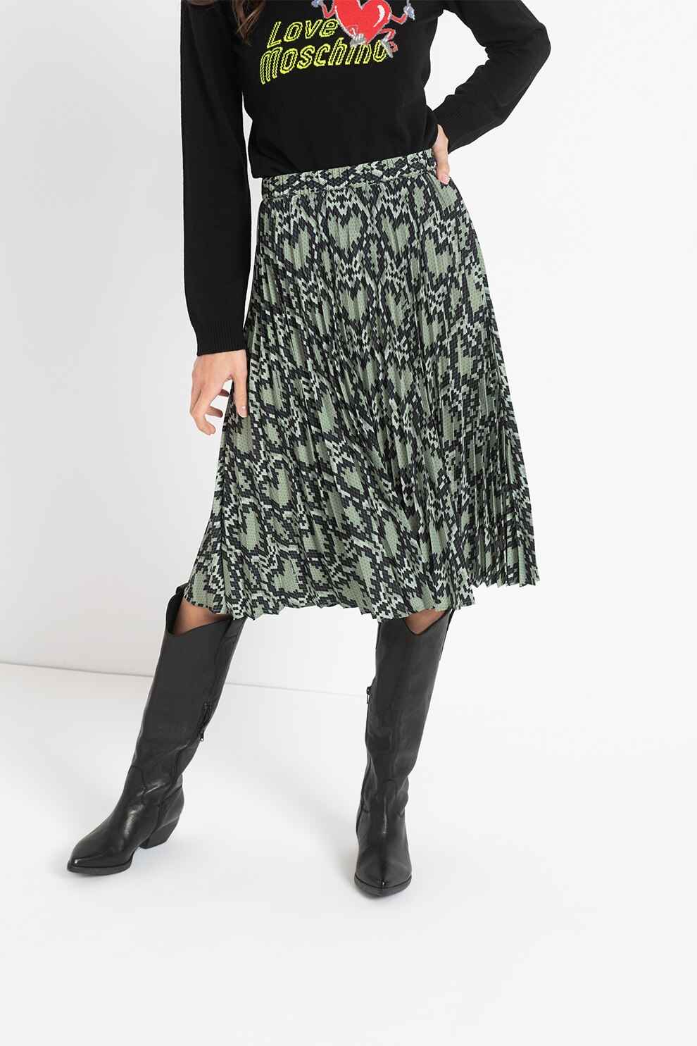Love Moschino, Fusta midi plisata, Verde sparanghel/Negru