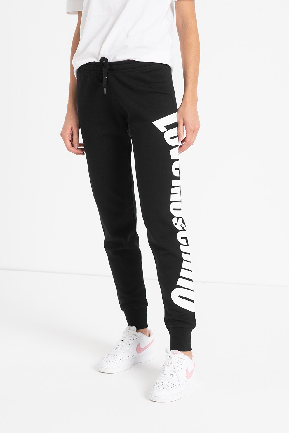 Love Moschino, Pantaloni sport de bumbac cu logo, Negru/Alb