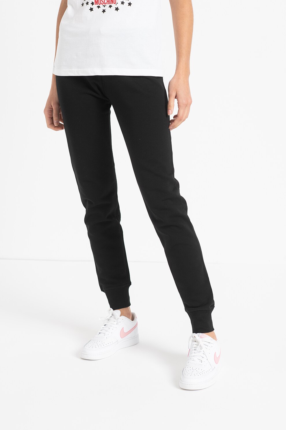 Love Moschino, Pantaloni sport de bumbac cu logo cu strasuri, Negru