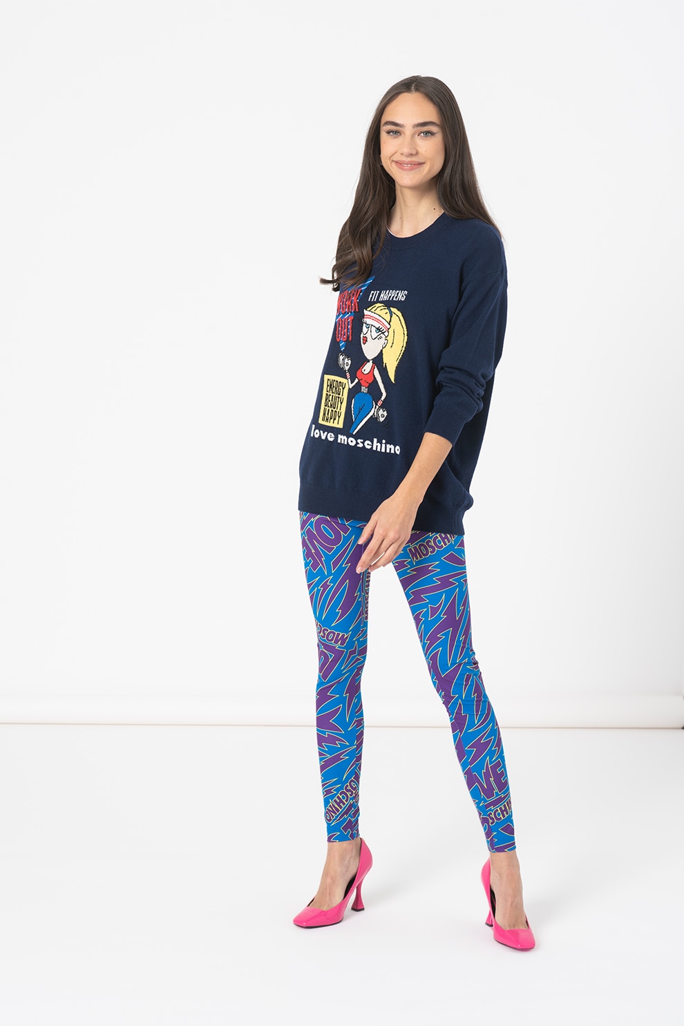 Love Moschino, Colanti cu model logo, Albastru royal/violet ametist/galben