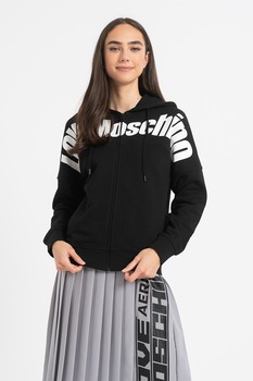 Love Moschino, Hanorac cu fermoar si imprimeu logo, Negru/Alb Love Moschino, Hanorac cu fermoar si imprimeu logo, Negru/Alb