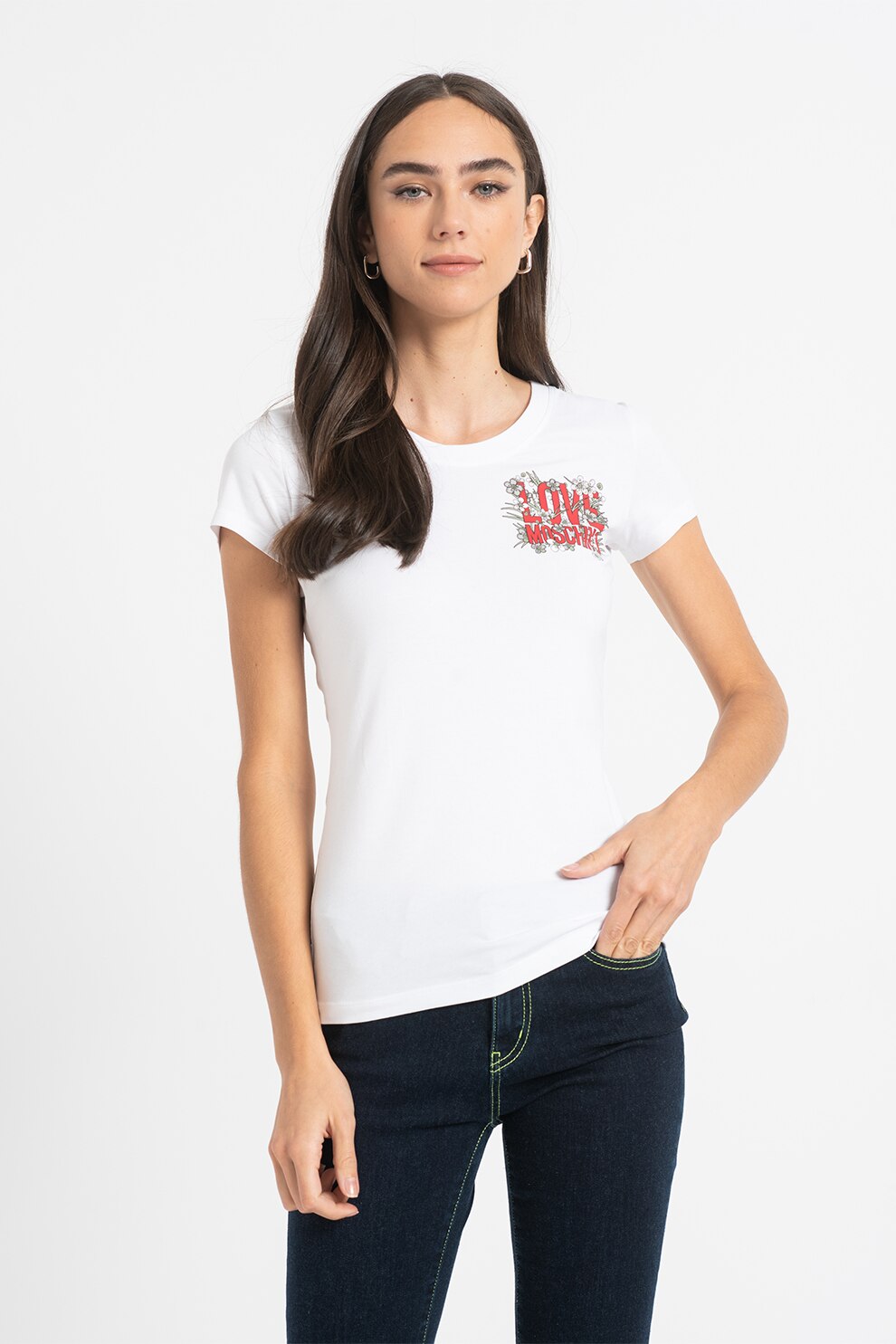 Love Moschino, Tricou slim fit cu imprimeu logo pe piept, Alb/Rosu/Verde