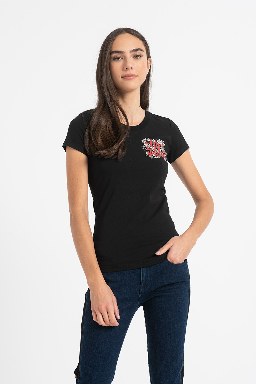 Love Moschino, Tricou slim fit cu imprimeu logo pe piept, Negru/Rosu/Alb