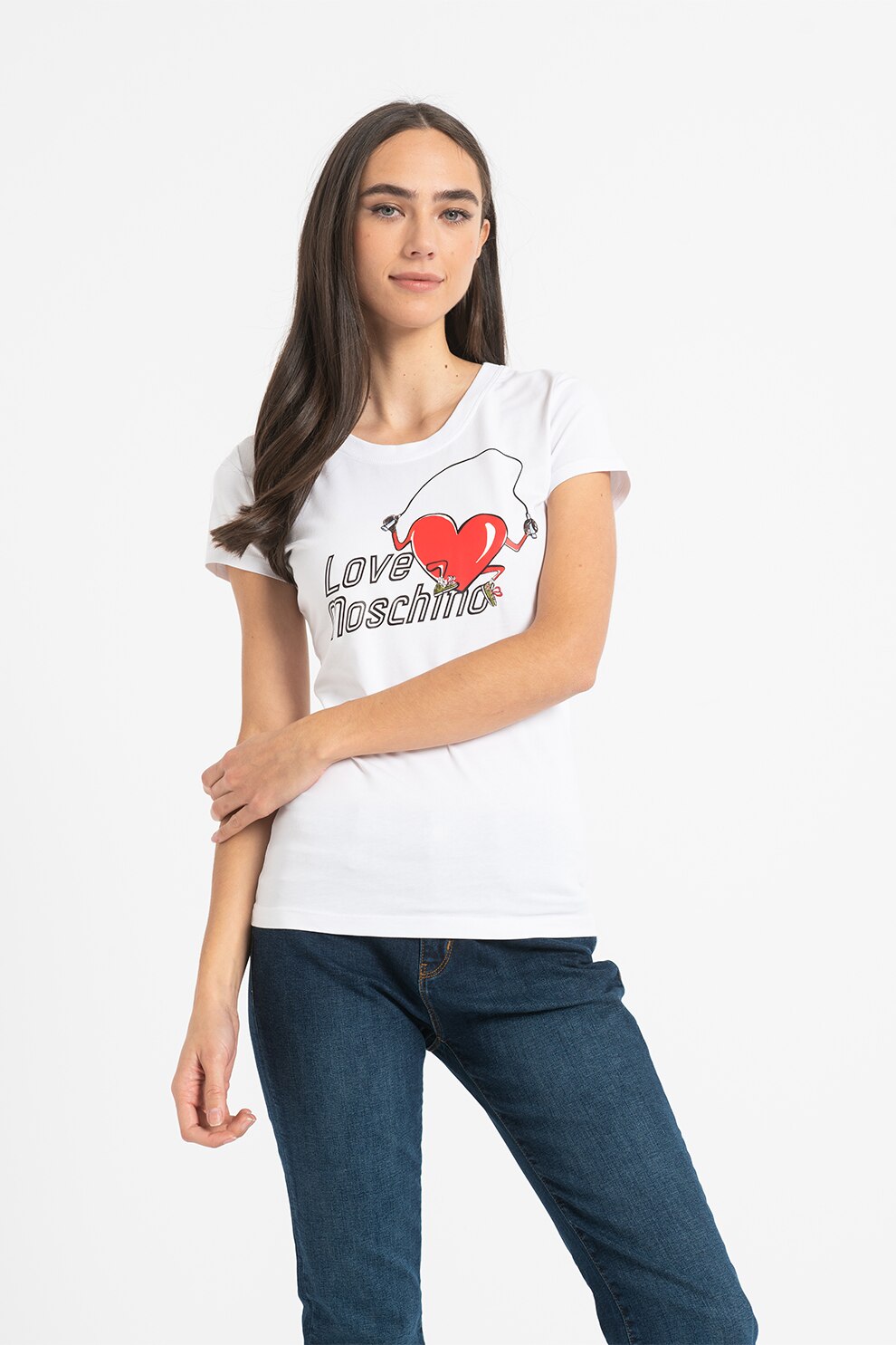 Love Moschino, Tricou slim fit cu imprimeu logo, Alb/Negru/Rosu