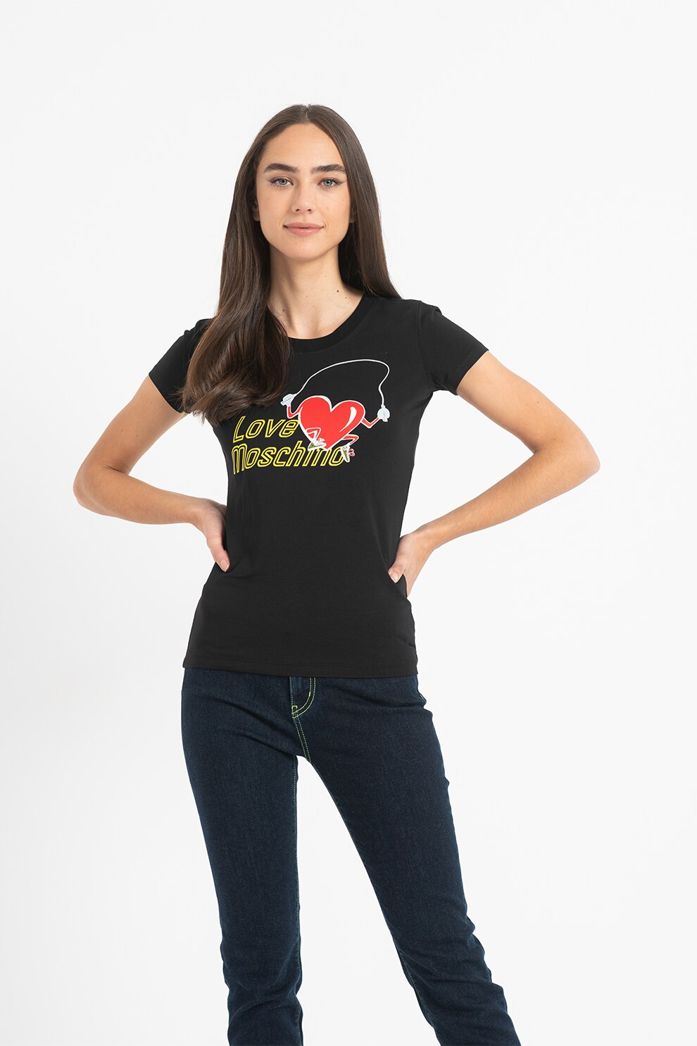Love Moschino, Tricou slim fit cu imprimeu logo, Negru/Rosu/Galben