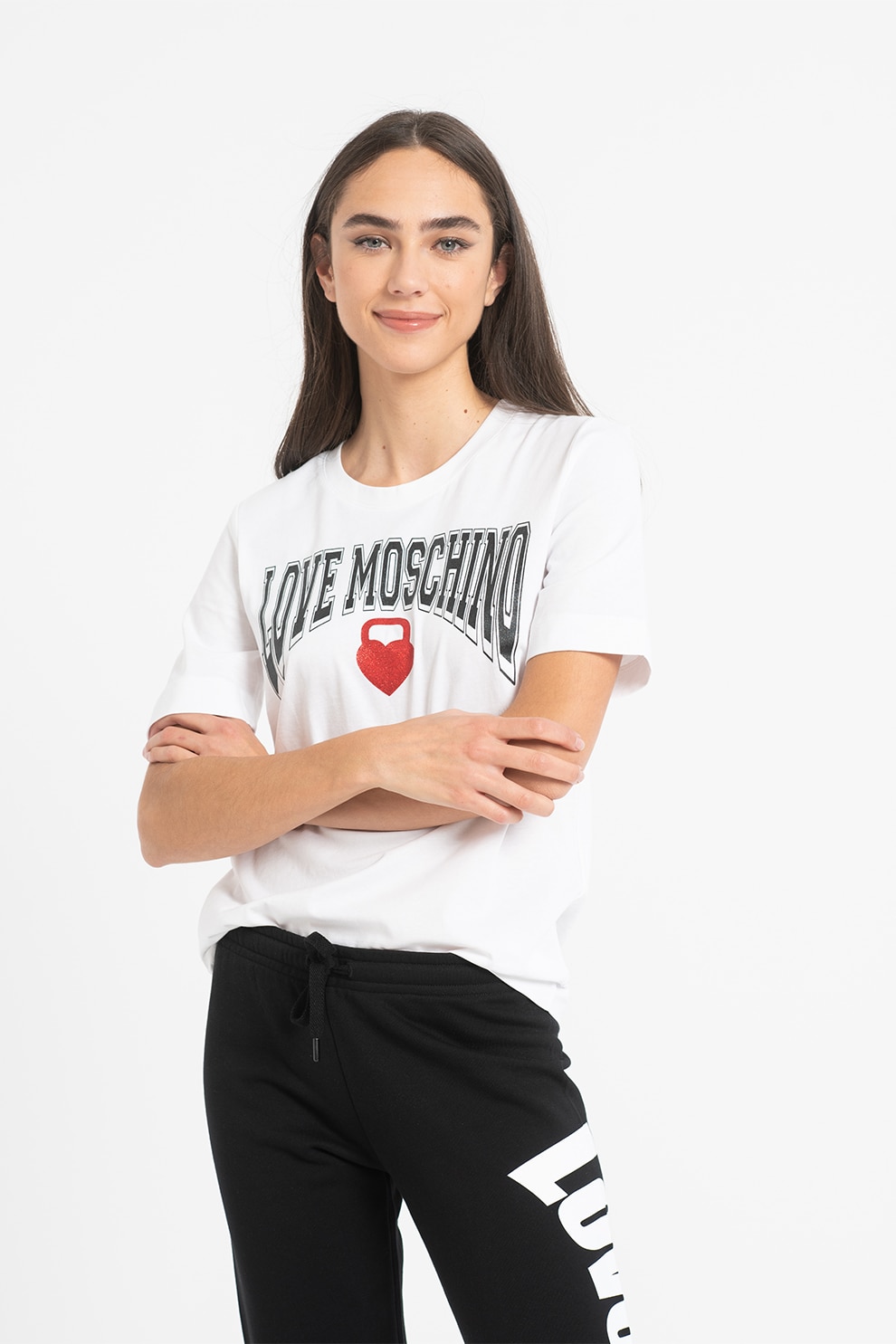 Love Moschino, Tricou cu imprimeu logo, Alb/Negru