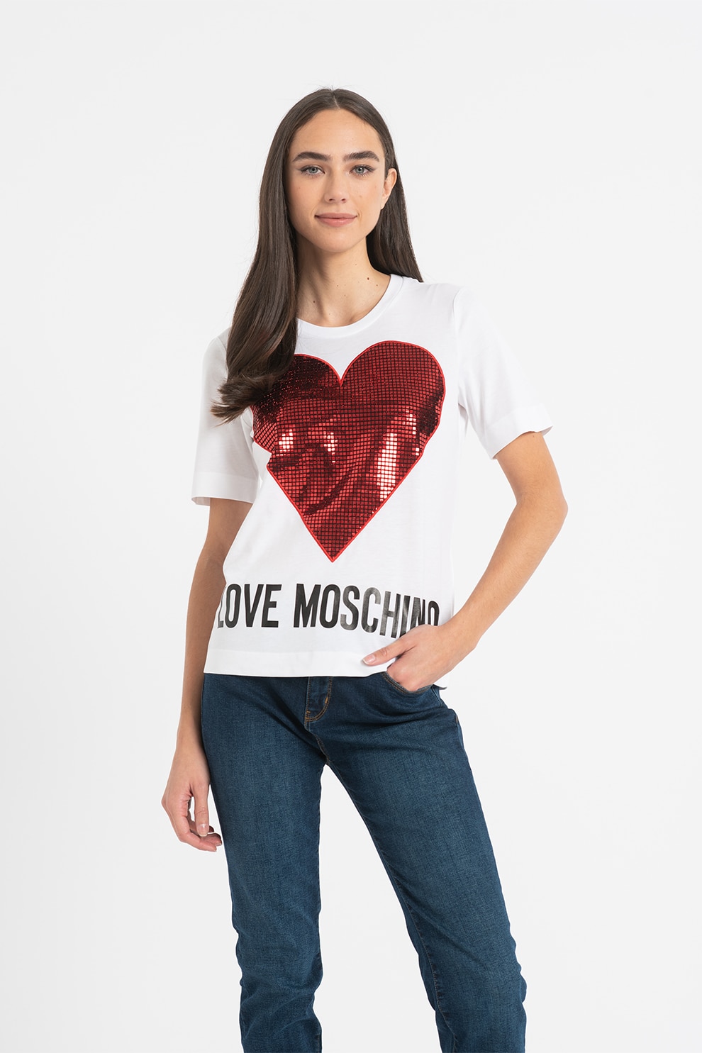 Love Moschino, Tricou cu detaliu stralucitor, Alb/Rosu