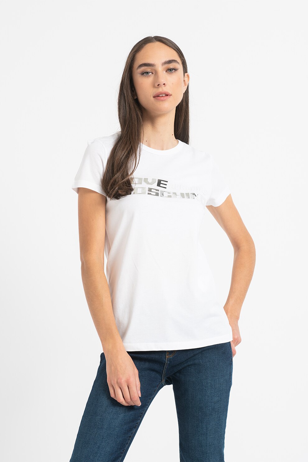Love Moschino, Tricou cu decolteu rotund si logo, Alb/Argintiu