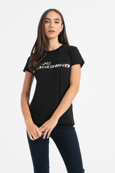 Love Moschino, Тениски с овално деколте и лого, Черен/Сребрист, 42