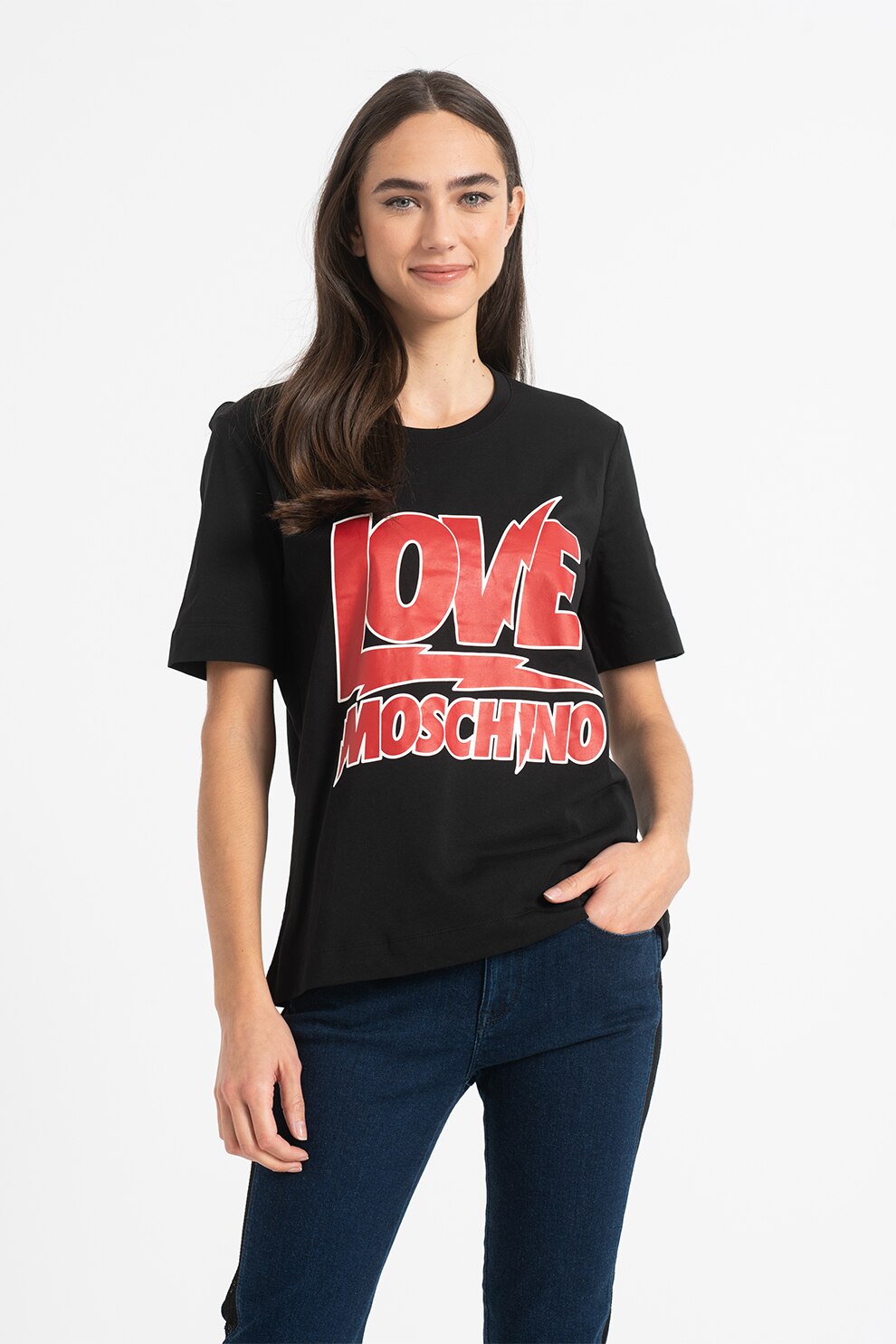 Love Moschino, Tricou cu imprimeu logo, Negru/Rosu
