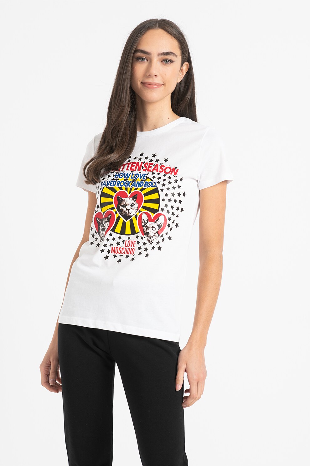 Love Moschino, Tricou cu decolteu la baza gatului si imprimeu grafic, Alb/Negru/Rosu