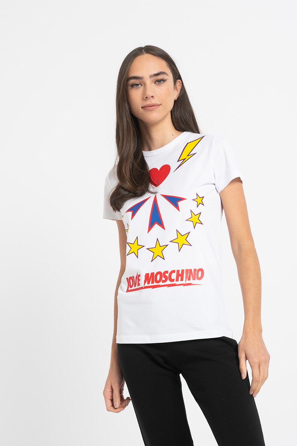 Love Moschino, Tricou cu decolteu la baza gatului si imprimeu grafic, Alb/Rosu/Albastru