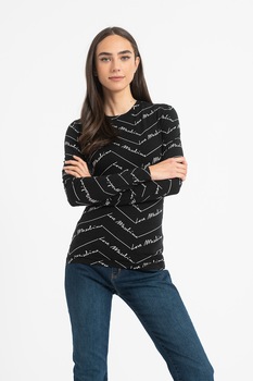 Love Moschino, Bluza din jerseu cu decolteu la baza gatului si model logo, Negru/Alb Love Moschino, Bluza din jerseu cu decolteu la baza gatului si model logo, Negru/Alb