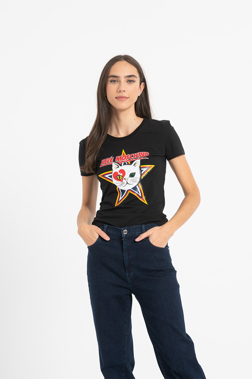 Love Moschino, Tricou cu decolteu la baza gatului, imprimeu logo si grafic, Negru/Rosu/Galben
