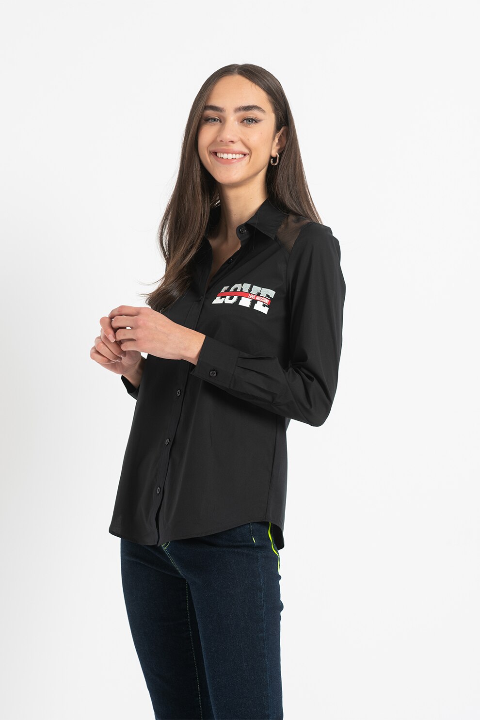 Love Moschino, Camasa cu insertii semitransparente, Negru