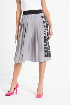 Love Moschino, Fusta plisata cu imprimeu logo, Gri cenusa/Negru Love Moschino, Fusta plisata cu imprimeu logo, Gri cenusa/Negru