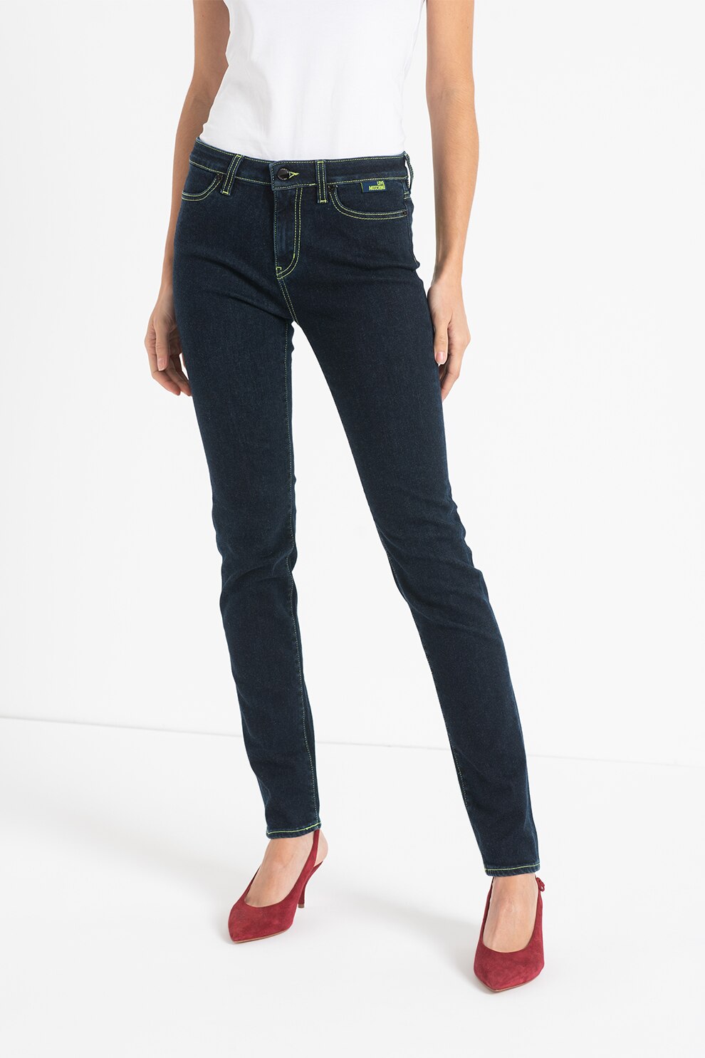 Love Moschino, Blugi cu talie inalta si garnituri contrastante, Bleumarin/Verde neon, 28