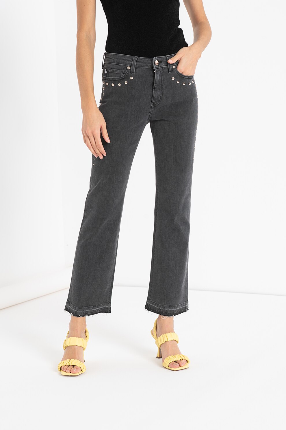 Love Moschino, Blugi evazati cu aplicatii de nituri, Gri inchis