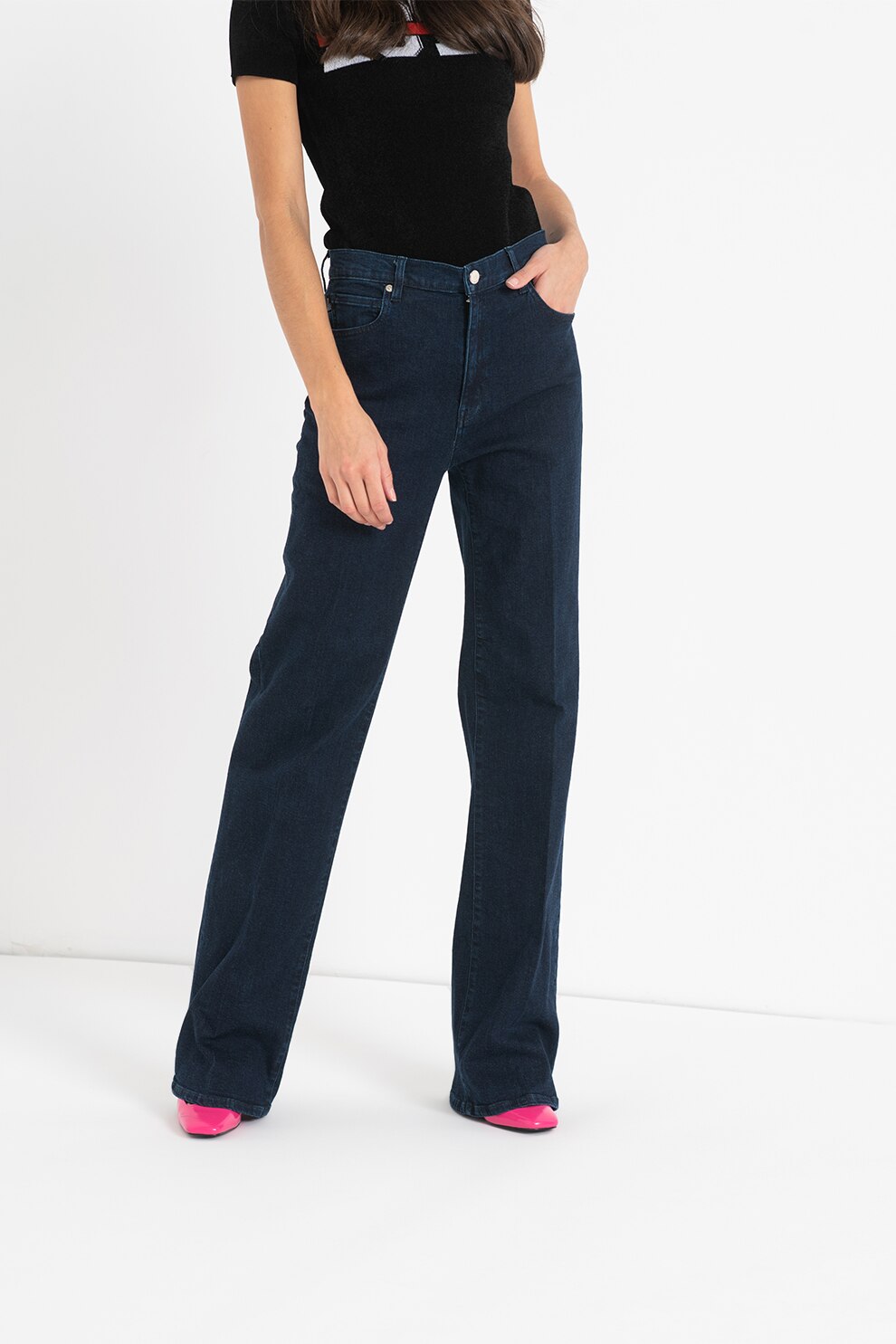 Love Moschino, Blugi cu croiala ampla si talie inalta, Bleumarin