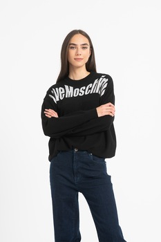 Love Moschino, Pulover lejer din amestec de lana cu logo, Negru/Argintiu Love Moschino, Pulover lejer din amestec de lana cu logo, Negru/Argintiu