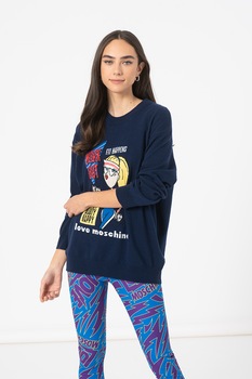 Love Moschino, Pulover din amestec de lana cu imprimeu si maneci cazute, Albastru inchis/Rosu/Galben, S Love Moschino, Pulover din amestec de lana cu imprimeu si maneci cazute, Albastru inchis/Rosu/Galben, S