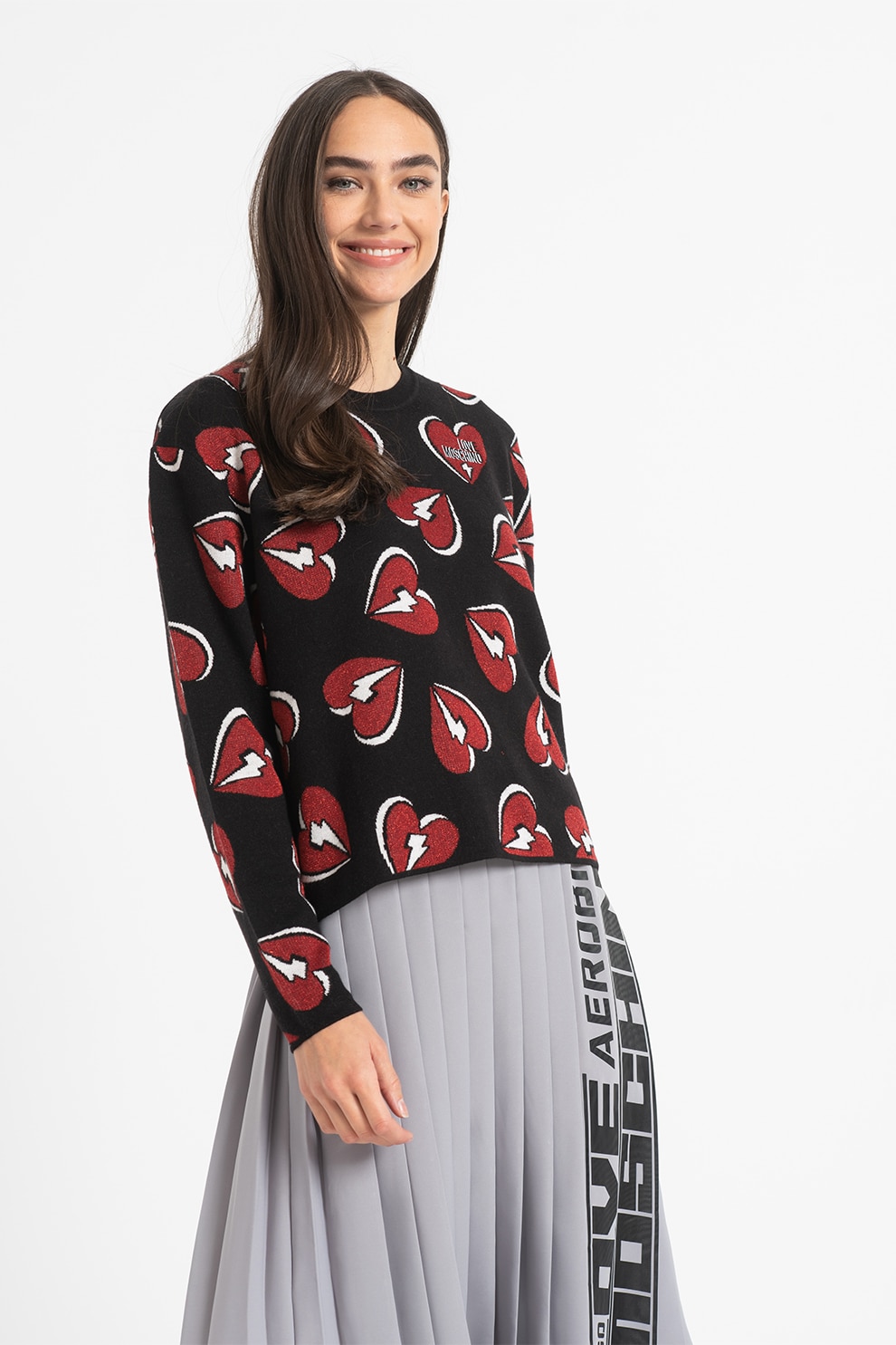 Love Moschino, Pulover din amestec de lana cu model, Negru/Rosu/Alb