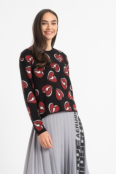 Love Moschino, Pulover din amestec de lana cu model, Negru/Rosu/Alb Love Moschino, Pulover din amestec de lana cu model, Negru/Rosu/Alb