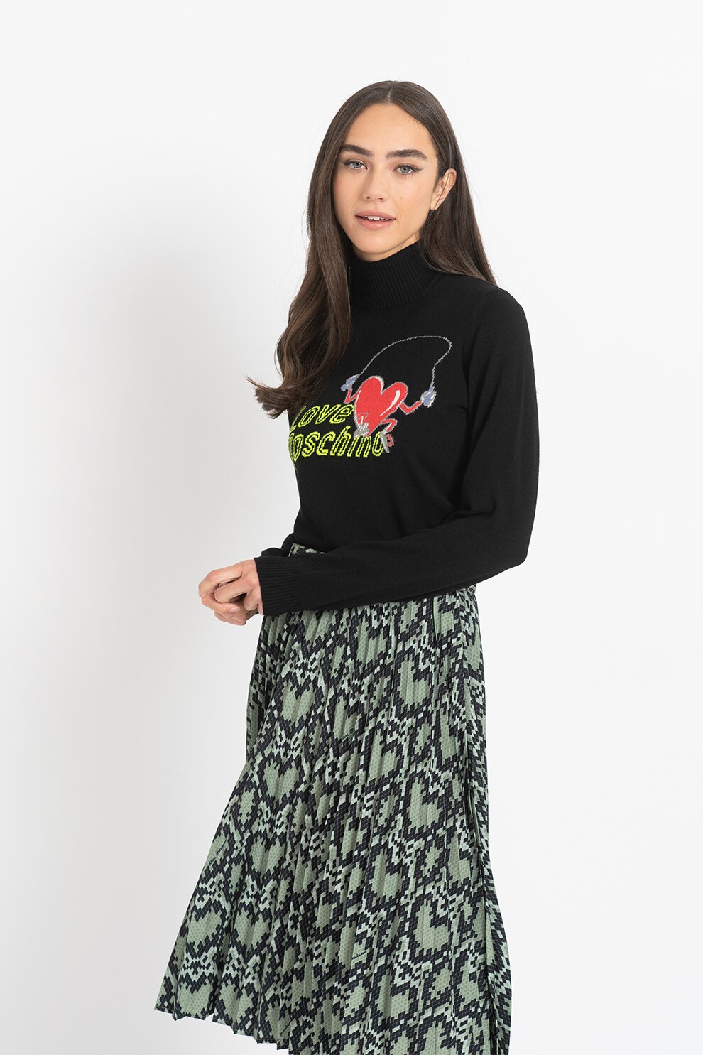 Love Moschino, Pulover din amestec de lana cu guler inalt si logo, Negru/Rosu/Verde neon, XS