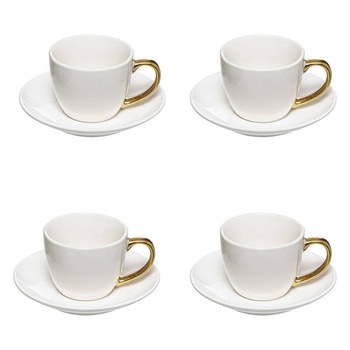 Set 4 cani si 4 farfurioare pentru cafea expresso, albe, toarta aurie, 90 ml Set 4 cani si 4 farfurioare pentru cafea expresso, albe, toarta aurie, 90 ml