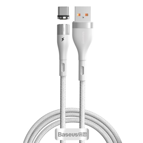Cablu de date, Baseus Magnetic Zinc Series, CATXC-M02, USB la USB-C, Quick Charge, 3A, 1 m, Alb, Rata transfer 480 Mb/s, Tip snur acoperit cu nailon