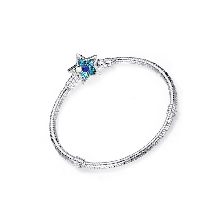 Bratara placata cu argint tip Pandora, incuietoare steluta cu cristale albastre Argintiu 18
