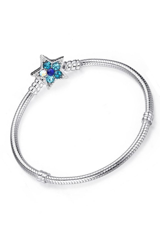 Bratara placata cu argint tip Pandora, incuietoare steluta cu cristale albastre, Argintiu