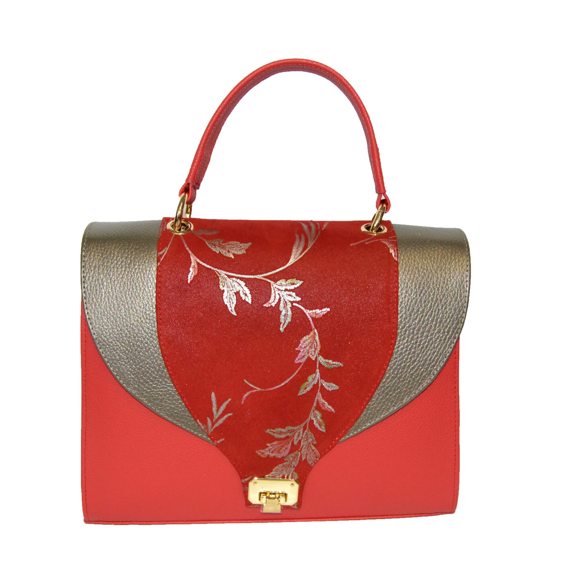 Geanta ZEA, 262, office, rosu,cu clapeta rosu-auriu floral,30x12x21 cm