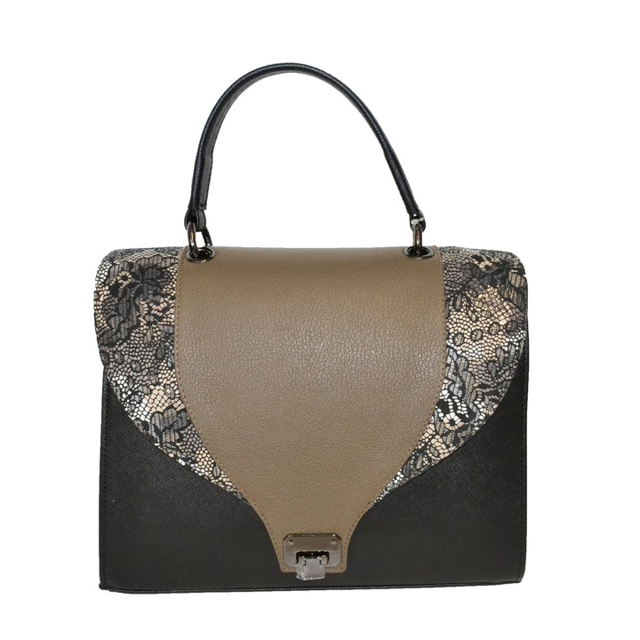 Geanta ZEA, 262, office, Negru, clapeta maro cu aspect floral,30x12x21 cm