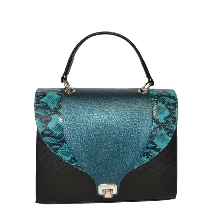 Geanta ZEA, 262, office, Negru, clapeta verde tuquaz cu decor piele sarpe,30x12x21 cm
