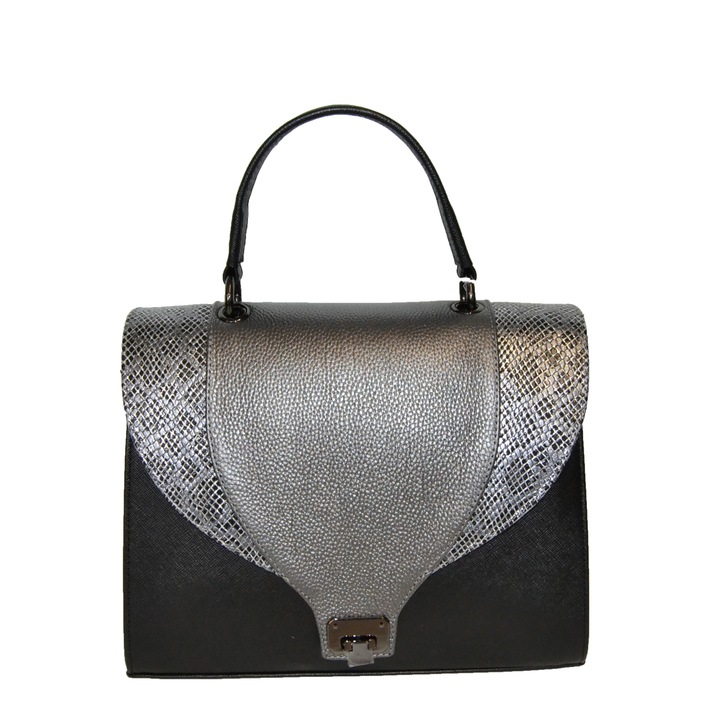 Geanta ZEA, 262, office, Negru, clapeta gri metalizat texturata,30x12x21 cm