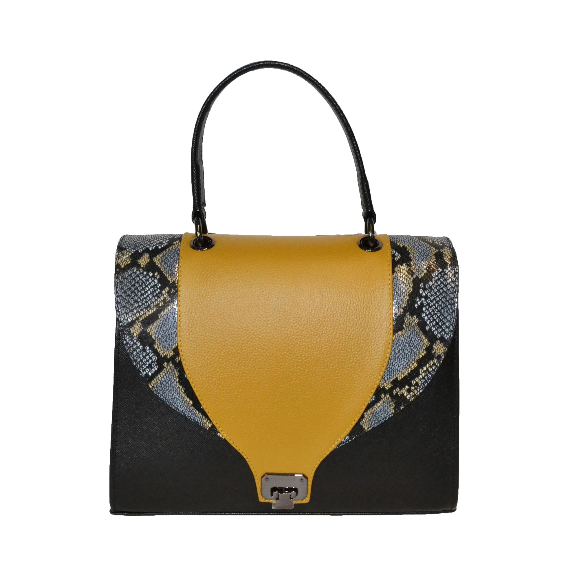 Geanta ZEA, 262, office, Negru, clapeta mustar, textura piele sarpe,30x12x21 cm