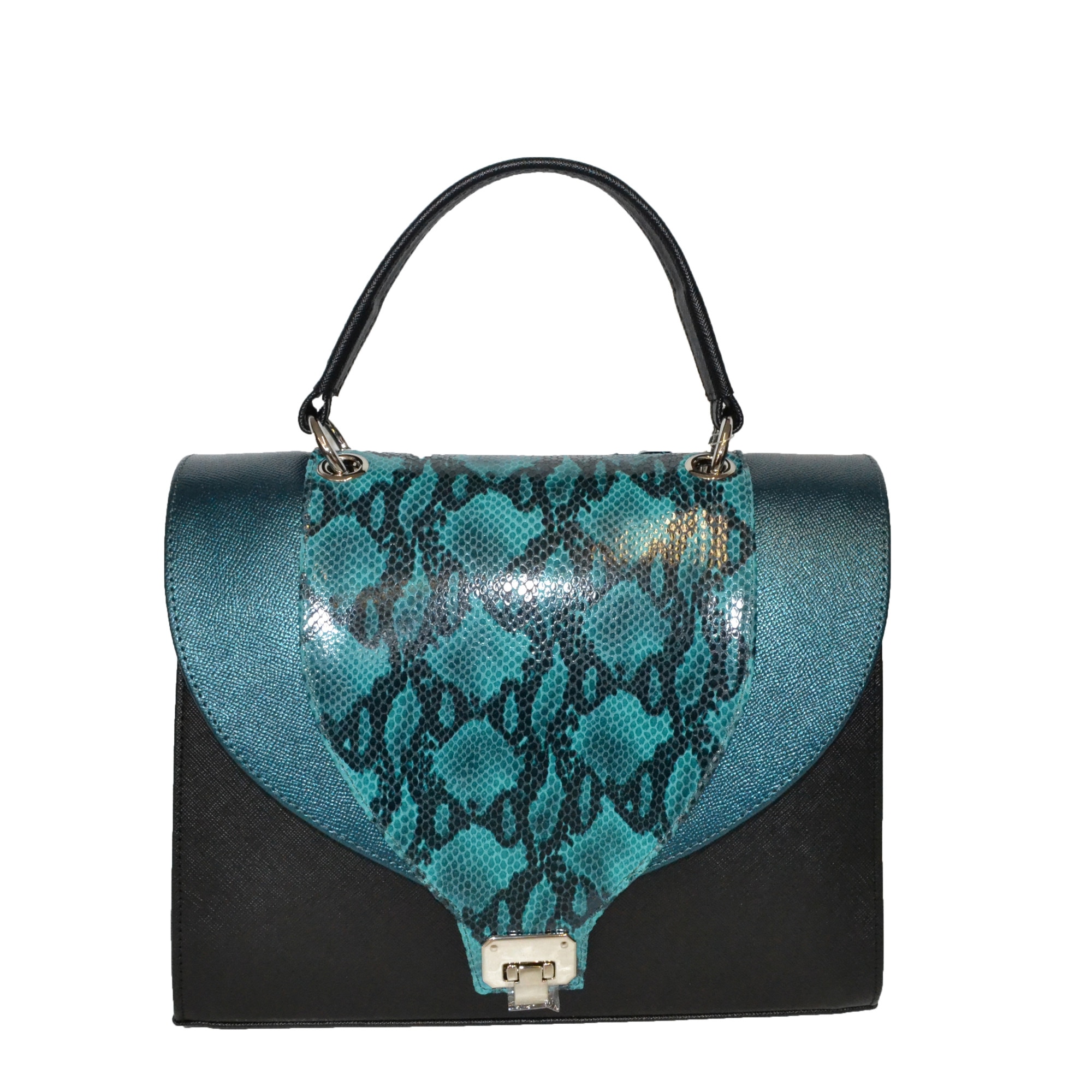 Geanta ZEA, 262, office, Negru, clapeta piele sarpe,verde tuquaz,30x12x21 cm