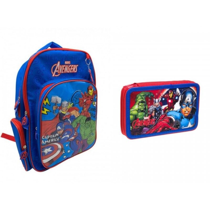 Set ghiozdan pentru scoala cu penar echipat cu doua compartimente Avengers