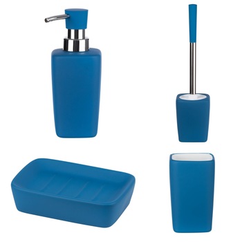 Set accesorii baie Tula, Pahar periute dinti, Sapuniera, Dispenser sapun lichid, Perie WC, ceramica cauciucata, albastru Set accesorii baie Tula, Pahar periute dinti, Sapuniera, Dispenser sapun lichid, Perie WC, ceramica cauciucata, albastru