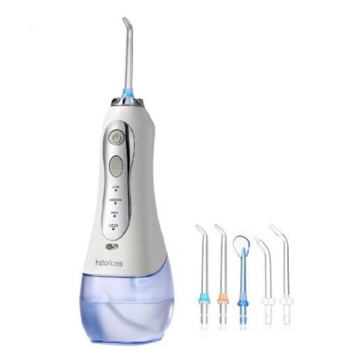 Irigator oral profesional pentru dus bucal , 5 Capete Curatare, Rezervor 300 ml, baterie 2500mAh, Alb