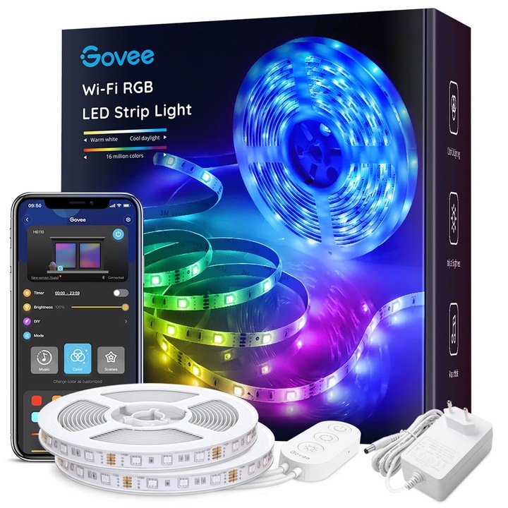 Banda LED RGB inteligenta Govee H6110, Wi-Fi, Bluetooth, sincronizare muzica, lumina colorata, compatibil Alexa/Google Assistant, 10m (2x5m)