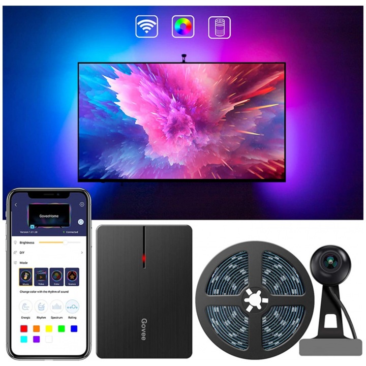 Banda LED RGBIC pentru TV Govee Backlight, Wi-Fi, sincronizare imagine TV, camera ColorSense 1080p HD, TV compatibil 55-65 inch, 2x70cm + 2x120cm