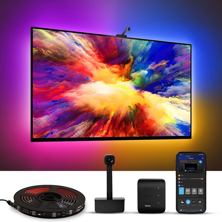 Banda LED RGBIC pentru TV Govee Backlight, Wi-Fi, sincronizare imagine TV, camera ColorSense 1080p HD, TV compatibil 55-65 inch, 2x70cm + 2x120cm