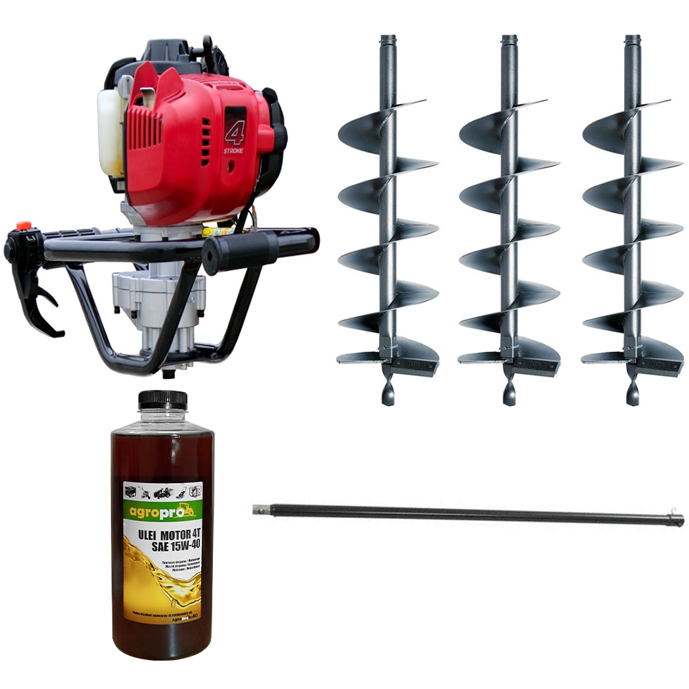 Foreza de pamant AGT FP GX50, motor 4 timpi, putere 2 CP, 3 burghie Ø100, 150, 200 x 800 mm, prelungitor DREX50, 1l ulei AgroPro